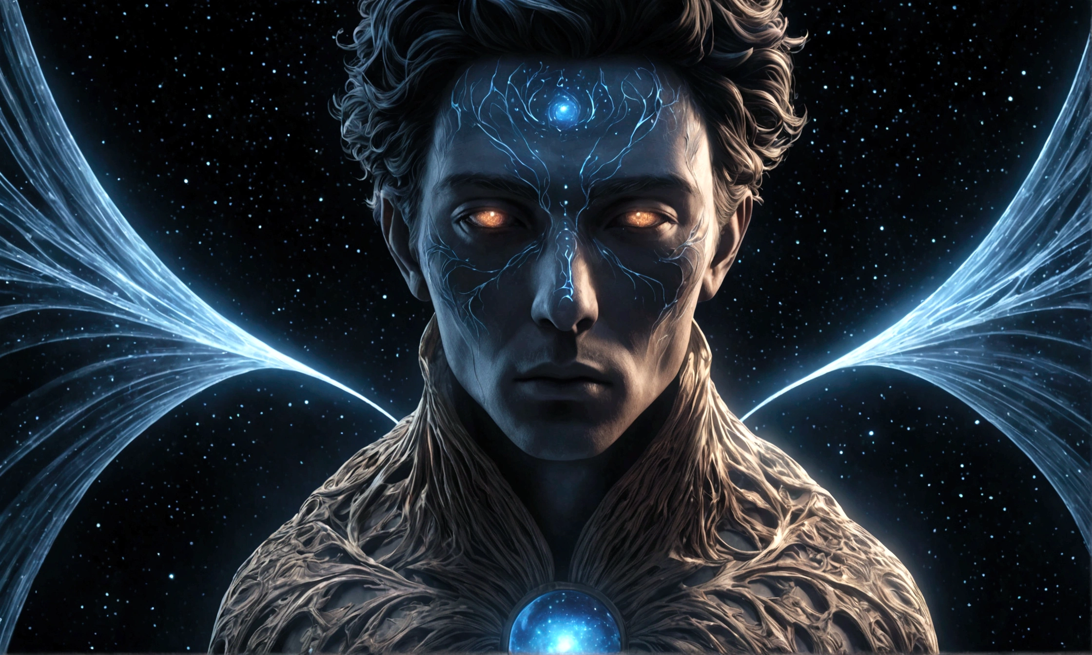 a mystical man's face, being of light, in the middle of the universe, astral body, with aura around, 4k, cinematic lighting, dramatic shadows, ethereal, glowing skin, piercing eyes, mesmerizing expression, highly detailed, photorealistic, octane render, realistic skin textures, intricate facial features, breathtaking, chiaroscuro, dramatic atmosphere, cosmic background, ethereal energy