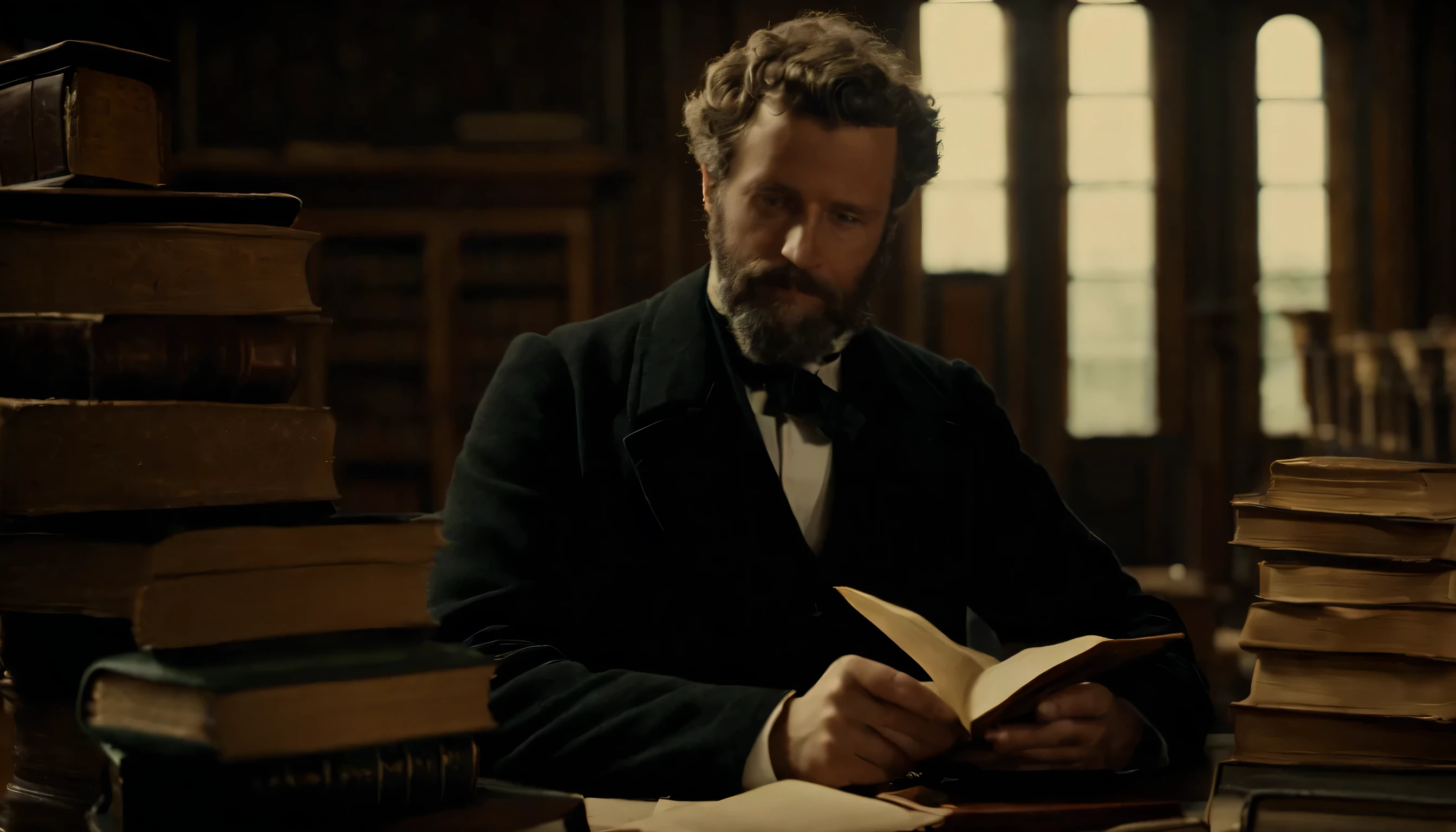 A young Jules Verne with a stack of his early books, looking forward with anticipation.
