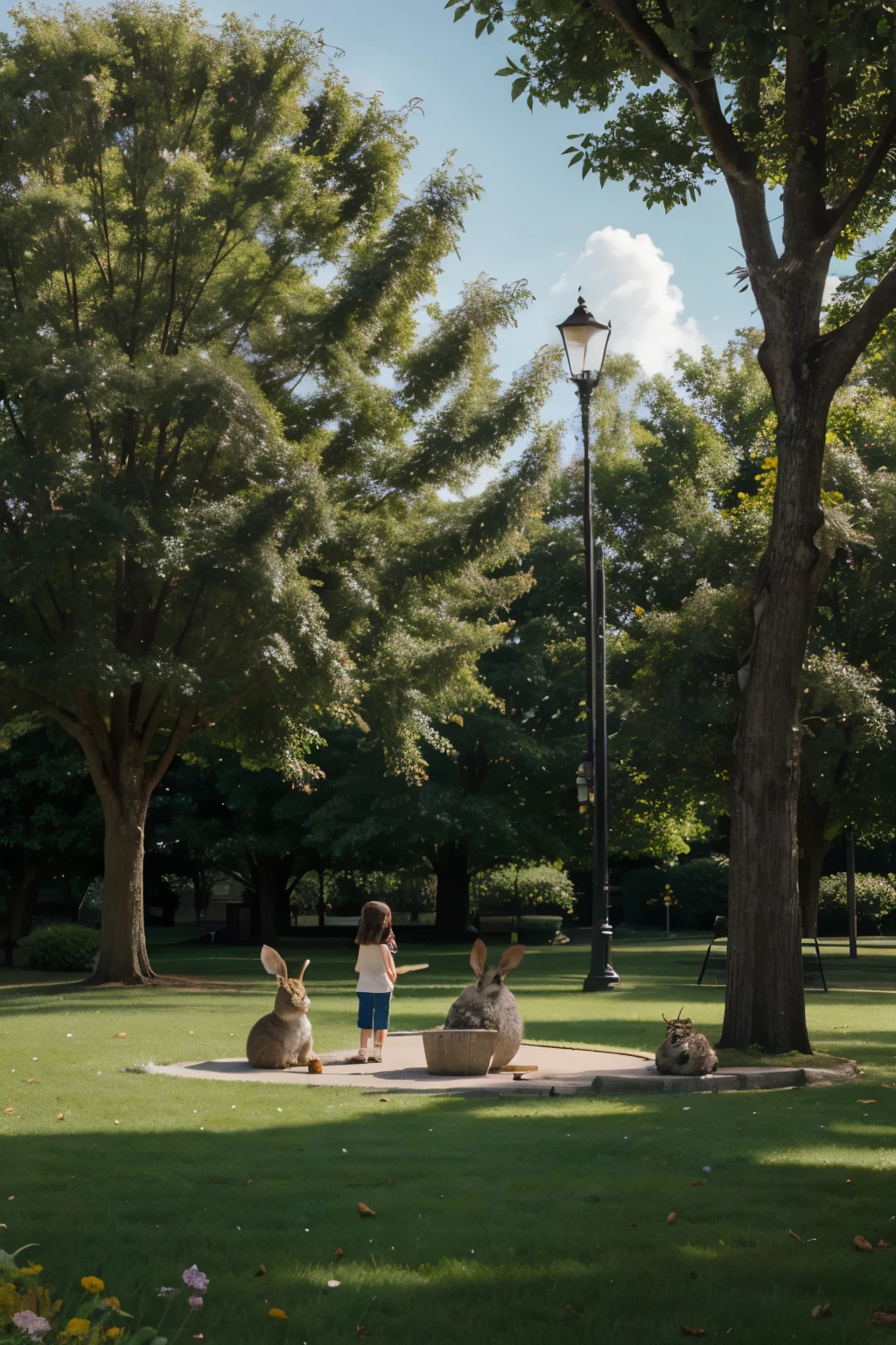In a calm corner of Greenfield Park, generate four indivisible companions; Oliver the Owl, Bella the Rabbit, Sammy the Squirrel, and Lucy the Ladybug