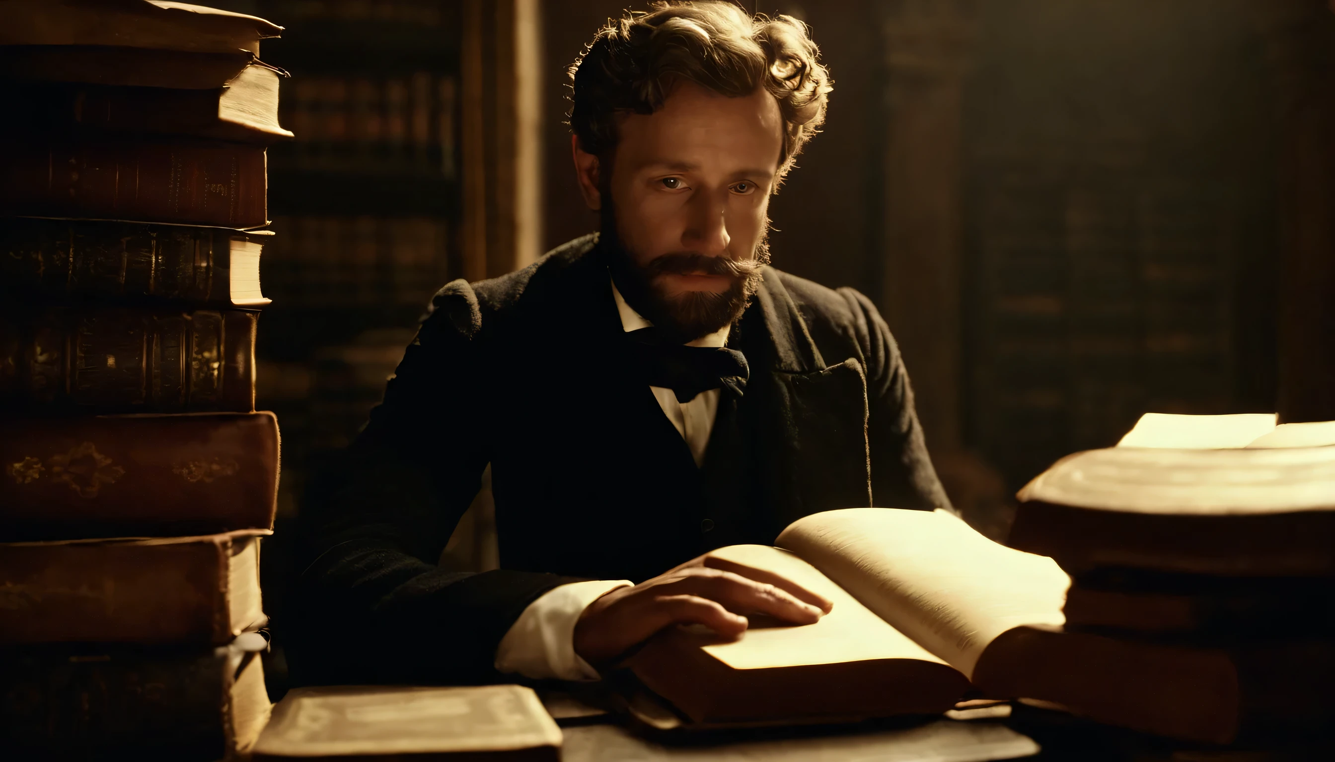 A young Jules Verne with a stack of his early books, looking forward with anticipation.

