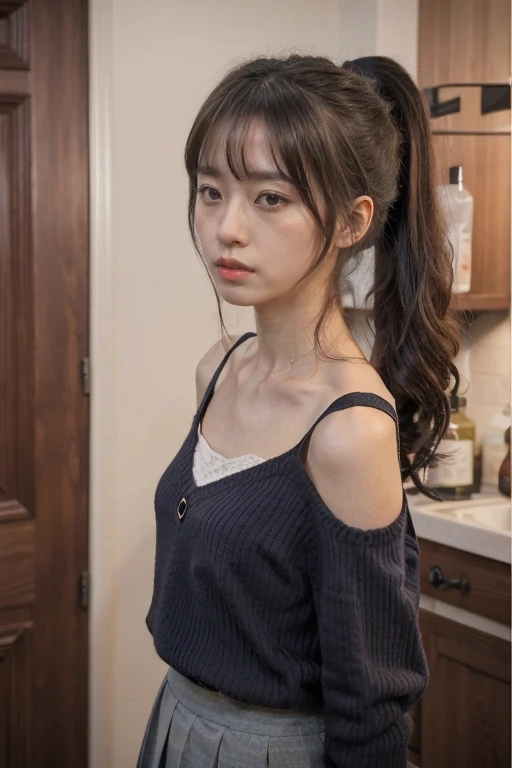 1 Girl, Solitary, Laura S.. Asides (Dark blue long hair, Ponytail and Side Bangs, Small chest), (Inspired by《Shining》) Showing off her school uniform, in military school, Awkward