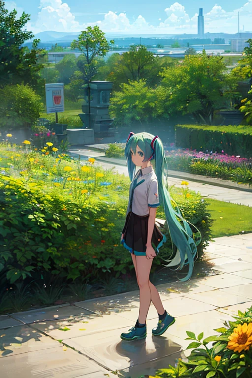 1girl, Hatsune Miku, masterpiece, flowers in hair, garden