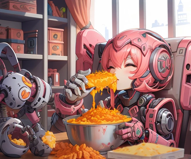 Robot rosa eating Cheetos Nacho Cheese 