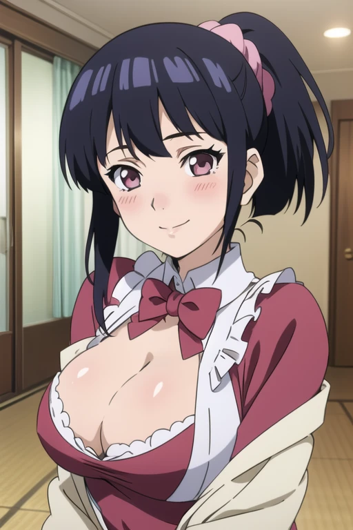 Best image quality、4k.anime cel style, best quality, high resolution, 1 girl, (((Large Breasts)))Breast sagging、Low-cut(((Cleavage ))), blush, Embarrassing, In the hotel,floor, Smile,,ponytail、Arica - Arica (Hiromitsu Takeda - Bakunyuu Party)