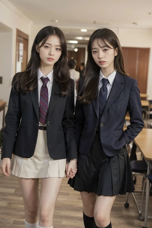 romantic student, Two female students in school uniforms, Female couple, Tall and skinny, beautiful, Alumni, classmate