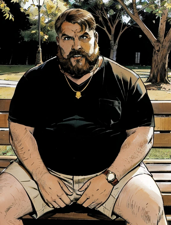 He is sitting with his legs open and resting one arm on the park bench., He is a chubby man, with extremely thick thighs, a large belly, fat, 50 years old, bearded, with a huge beard, wearing an open, unbuttoned plaid t-shirt, usando apenas sunga branca meias pretas, gold chain neck rings, watch on wrist, pulseiras no pulso, fotografia de Corpo completo imagem de corpo inteiro, low side angles. Detailed image dynamic image. He doesn&#39;t wear clothes.