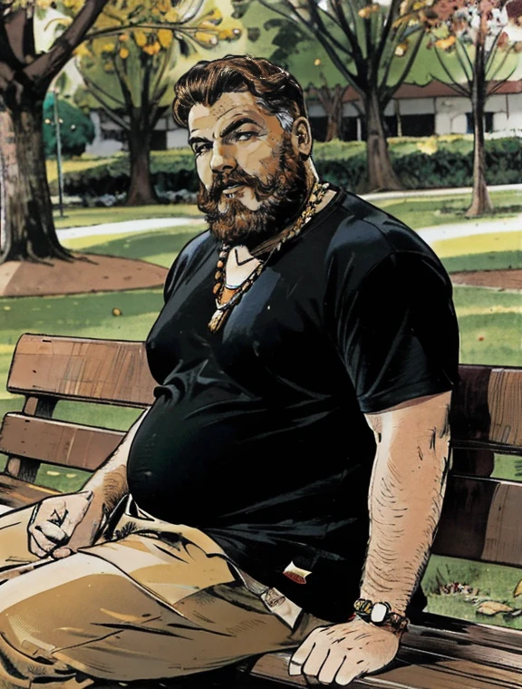 He is sitting with his legs open and resting one arm on the park bench., He is a chubby man, with extremely thick thighs, a large belly, fat, 50 years old, bearded, with a huge beard, wearing an open, unbuttoned plaid t-shirt, usando apenas sunga branca meias pretas, gold chain neck rings, watch on wrist, pulseiras no pulso, fotografia de Corpo completo imagem de corpo inteiro, low side angles. Detailed image dynamic image. He doesn&#39;t wear clothes.