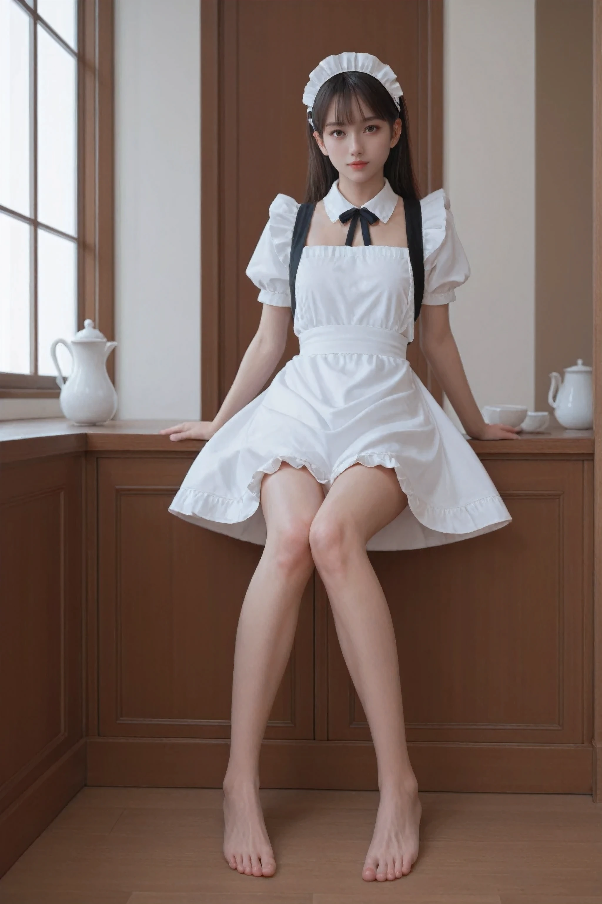 (score_9,score_8_up,score_7_up,),1girl,solo,maid,maid headdress,looking at viewer,apron,brown hair,indoors,black hair,bare foot,feet focus,two feet,