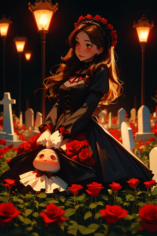 A brown haired woman with red eyes and an hourglass figure in a gothic ta dress is blushing in a flurry of red roses in a cemetery at night