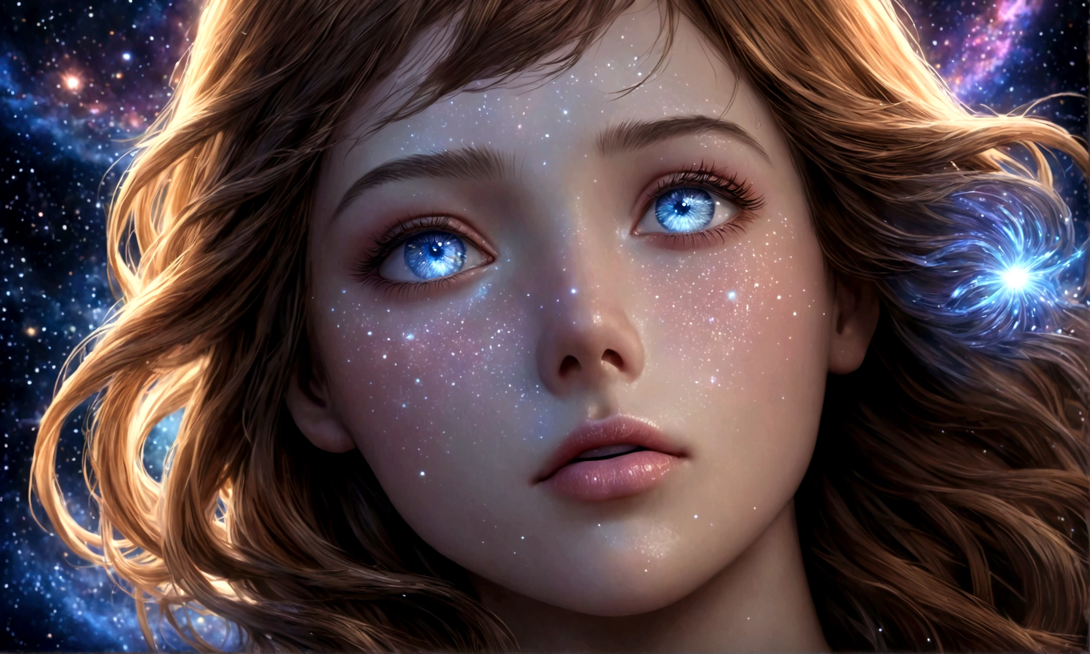 a girl in a cosmic field, beautiful detailed eyes, beautiful detailed lips, extremely detailed eyes and face, longeyelashes, dreaming, looking up at the stars, cosmic, ethereal, magical, surreal, glowing stars, galaxy, swirling cosmic energy, (best quality,4k,8k,highres,masterpiece:1.2),ultra-detailed,(realistic,photorealistic,photo-realistic:1.37),cinematic lighting, dramatic lighting, vibrant colors, glowing, ethereal atmosphere