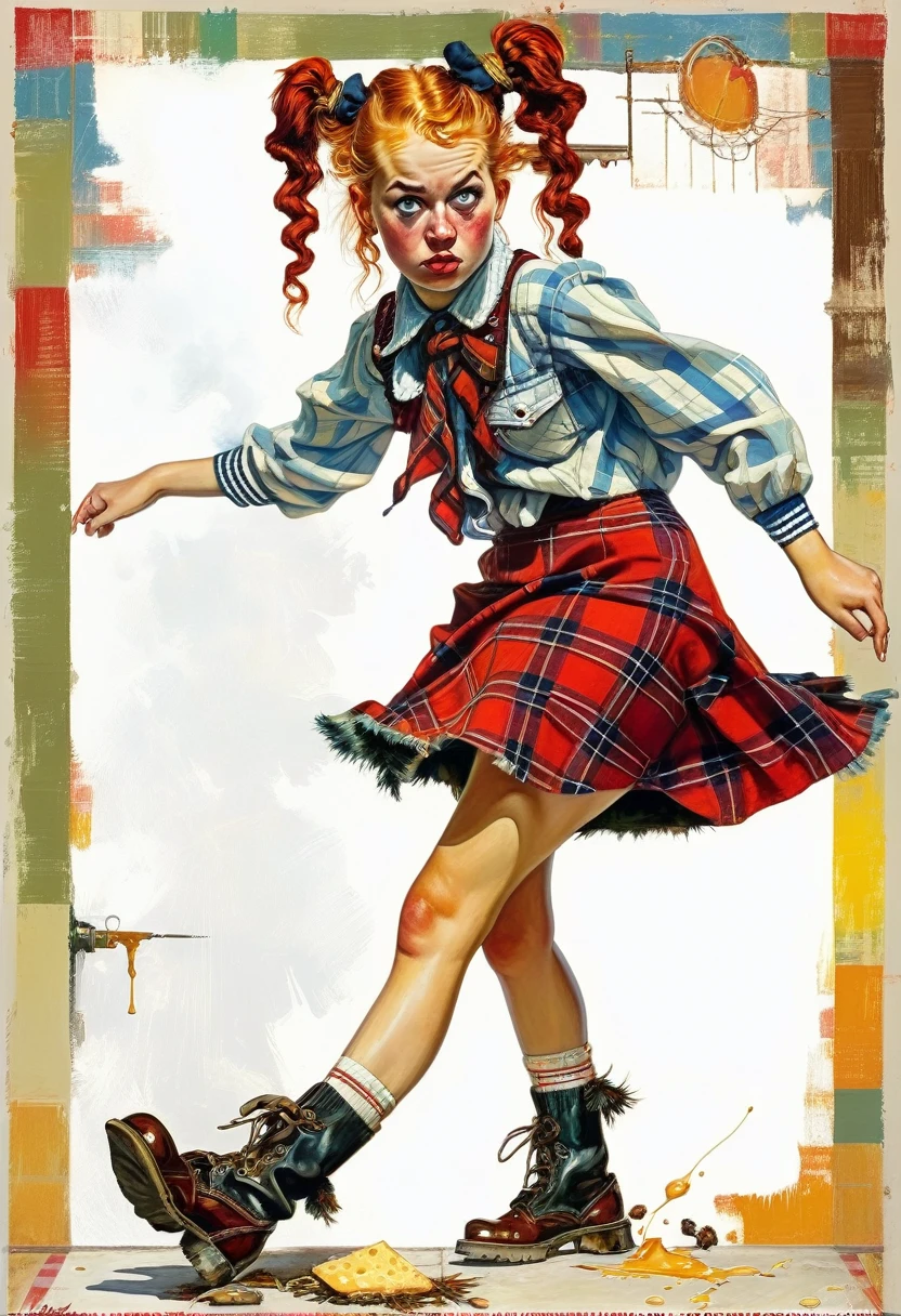 hooligan Abigail is a cheesy teenage girl, sloppy, all body, redhead in a plaid skirt, black eye, battered pigtails, ((in the style of Norman Rockwell!)), ((perfect study of the whole body)), magical naive art, primitivism, protogen, crimson color, ((the highest quality, a masterpiece)),((The highest elaboration by Konstantin Makovsky)), ((The highest detail)), RAW: 1,1, 8k