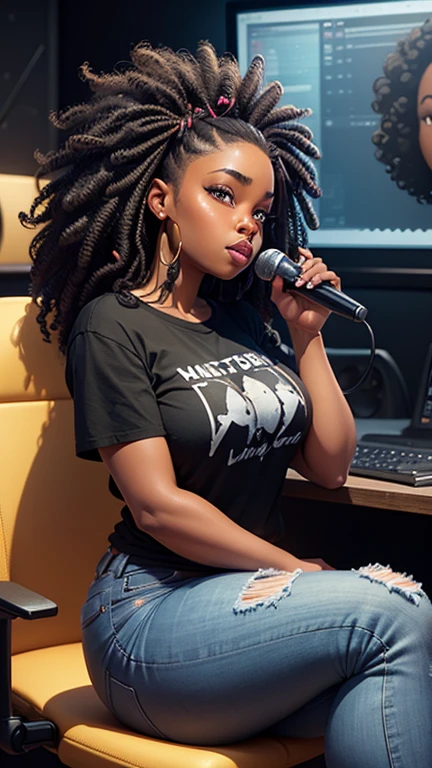 A young thick black woman with natural hair, sitting, wearing a black t-shirt and jeans, side profile, focused on talking into a microphone in front of her, digital painting，3D character design by cbabi bayoc and Pixar，4K HD illustration，Very detailed facial features and cartoon-style visuals, in a recording studio