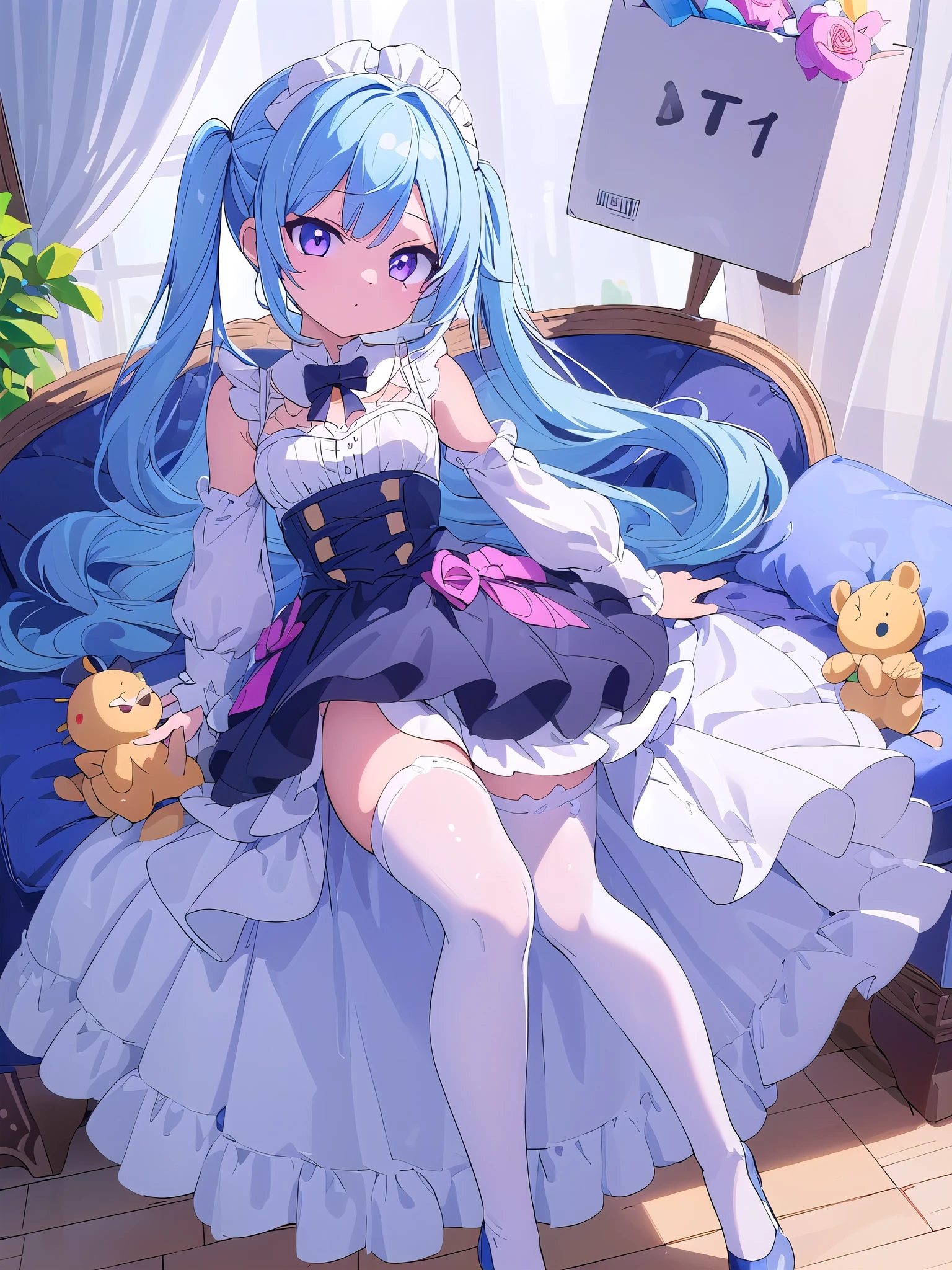 Anime girl with blue hair and white dress sitting on a bed - SeaArt AI