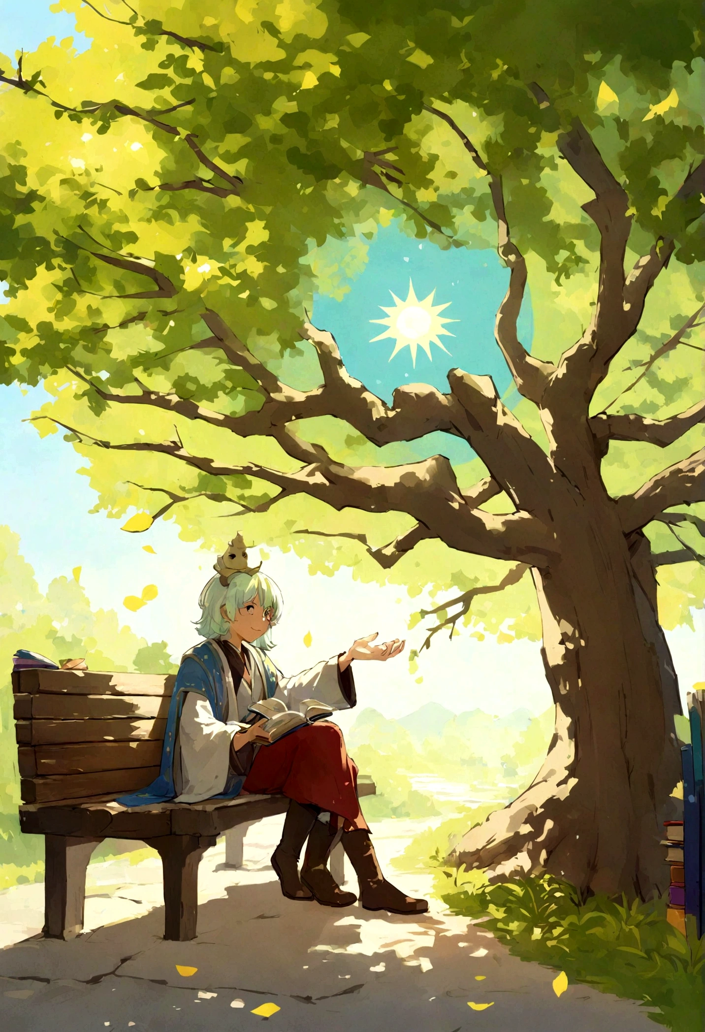 Cartoon style sitting on a bench under a tree , various colorful books, The has a radiant smile on his face as he plunges into the magical pages of an enchanting story. The sun shines softly through the leaves of the tree, criando um ambiente acolhedor e tranquilo. estilo cartoon , lugar magico com fadas e vaga-lumes
