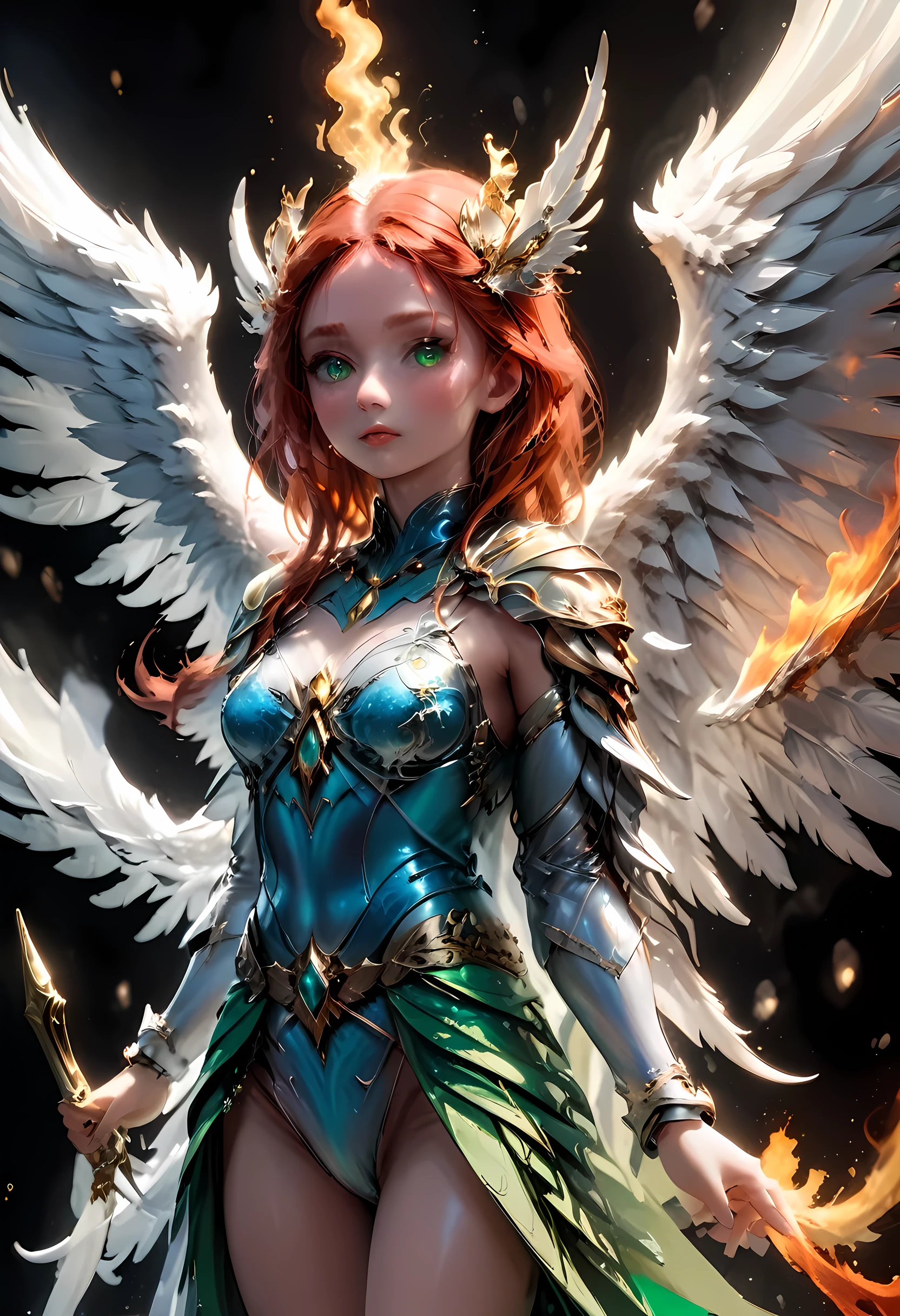 16k, ultra detailed, masterpiece, best quality, (extremely detailed), arafed, dnd art, panoramic view, full body, aasimar, female, (Masterpieceת intense details:1.3), female, sorceress, casting flaming spell(Masterpieceת intense details:1.3) large feathered wings,(white: 1.3) angelic wings spread (Masterpieceת intense details:1.3), fantasy magical heaven background (Masterpieceת intense details:1.3), moon, stars, clouds, wearing (azure: 1.3) armor (Masterpieceת intense details:1.3), high heeled boots (Masterpieceת intense details:1.3), armed with staff, (red hair: 1.4), (green eyes: 1.4), intense eyes, ultra feminine, ultra detailed face, (Masterpieceת intense details:1.5), (anatomically correct: 1.5), determined face, divine light, cinematic lighting, soft light, silhouette, photorealism, panoramic view ((Masterpieceת intense details:1.3) , Wide-Angle, Ultra-Wide Angle, 16k, highres, best quality, faize, 2.5D rendering, angel