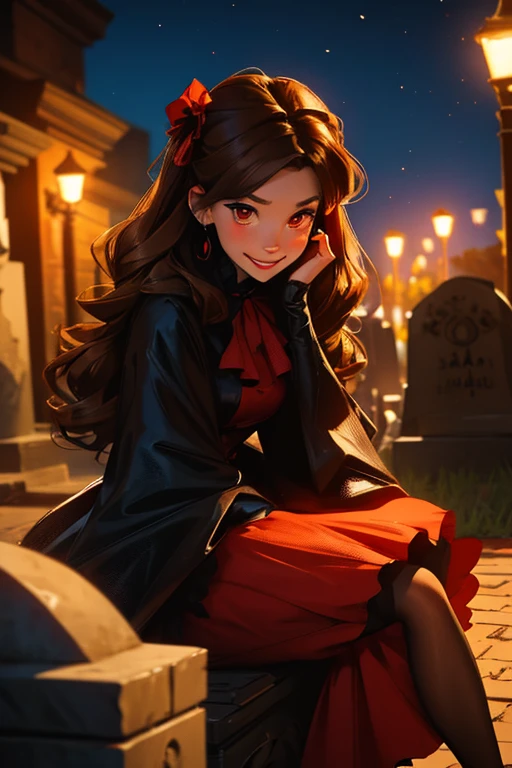 A brown haired woman with red eyes and an hourglass figure in a gothic ****ta dress is sitting on tombstone with a big smile at night 