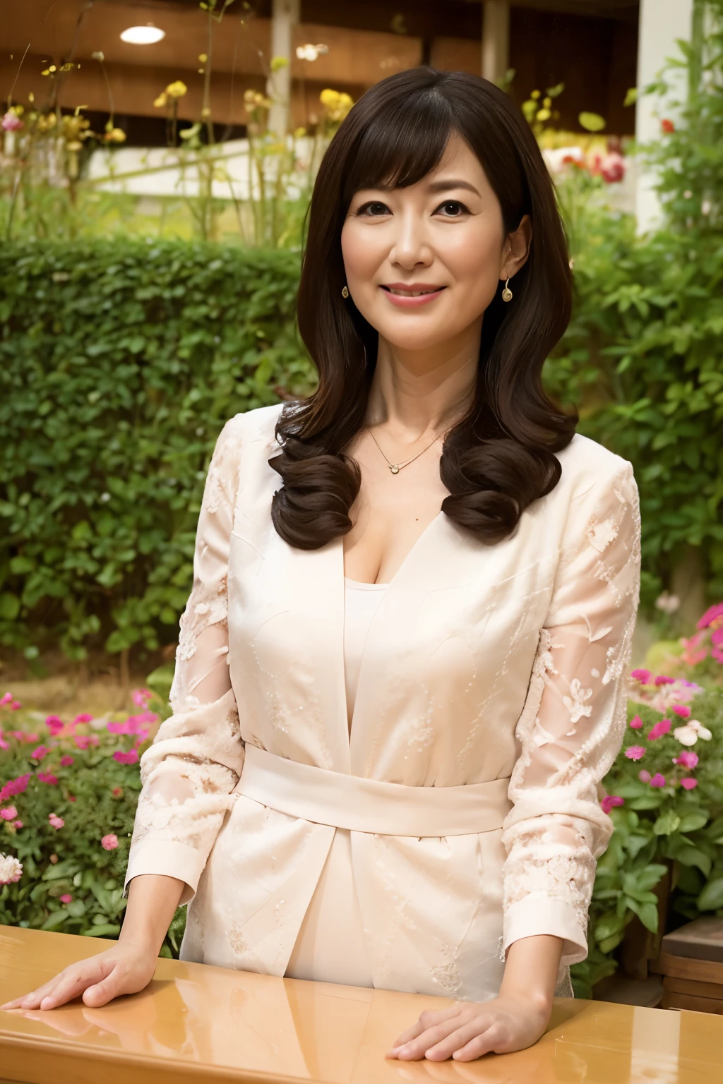 highest quality, masterpiece, High resolution, Realistic, RAW Photos, 8k wallpaper, perfection, ((One beautiful woman)), 50 years old, Sexy Woman, Plump Mature Woman, Cleavage, ((Looking into the camera)), Detailed face, Beautiful Eyes, ((look forward to)), (Stand upright), garden, whole body, (Beautiful thighs), High heels, bangs, Shapely breasts, Straight hair, Medium long wavy hair, Plump and glossy lips,