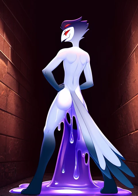 Teathekook (style), ((masterpiece)), ((8k quality)), (no watermark), stolas, male, mouth closed, detailed alley, standing, seductive pose, (solo:1.4), sleek, shiny slime body, gooey, blue slime puddle, ass, tail feathers