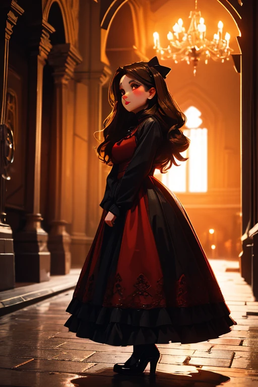 A brown haired woman with red eyes and an hourglass figure in a gothic lolita dress is exploring a mauseleum at night