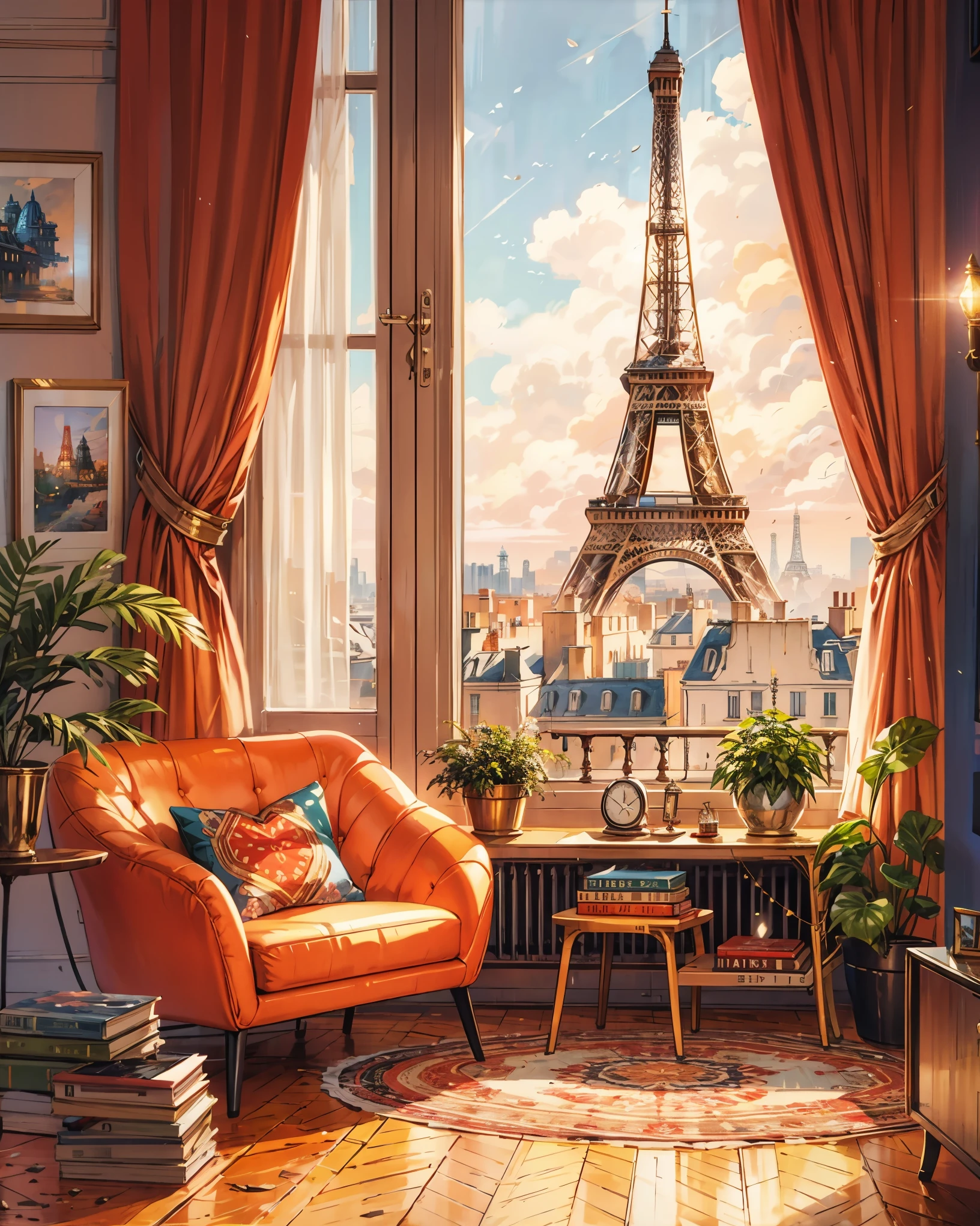 a painting of a living room with a view of the eiffel tower, by Evgeny Lushpin, paris background, inspired by Evgeny Lushpin, with eiffel view, sitting in french apartment, alena aenami and artgerm, personal room background, painting of a room, dream scenery art, cozy home background, scenery artwork, by Chris LaBrooy, HD, UHD, HDR, 32 K