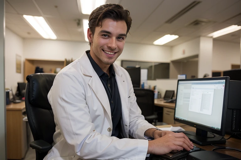 photograph of very handsome man smiling dressed as a doctor showing his computer in a very modern office