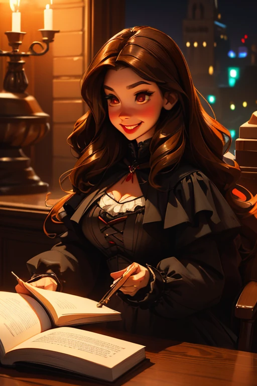 A brown haired woman with red eyes and an hourglass figure in a gothic ta dress is reading tombstone with a big smile at night