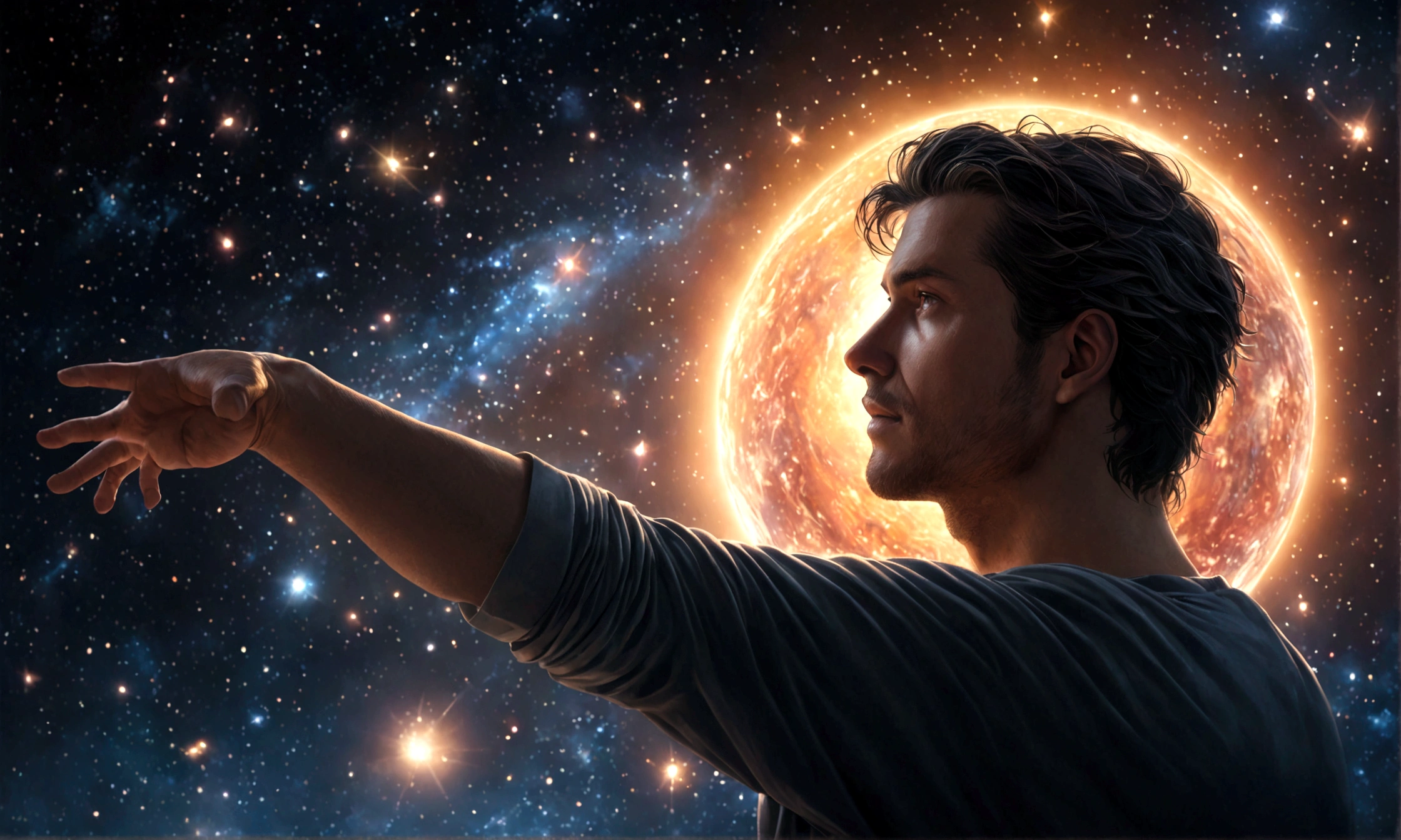a man talking to the universe, attracting all he desires, detailed realistic portrait, cinematic lighting, dramatic mood, cosmic background, dramatic expression, cinematic atmosphere, dynamic pose, intricate details, volumetric lighting, photorealistic, high quality, 8K, hyper detailed, masterpiece