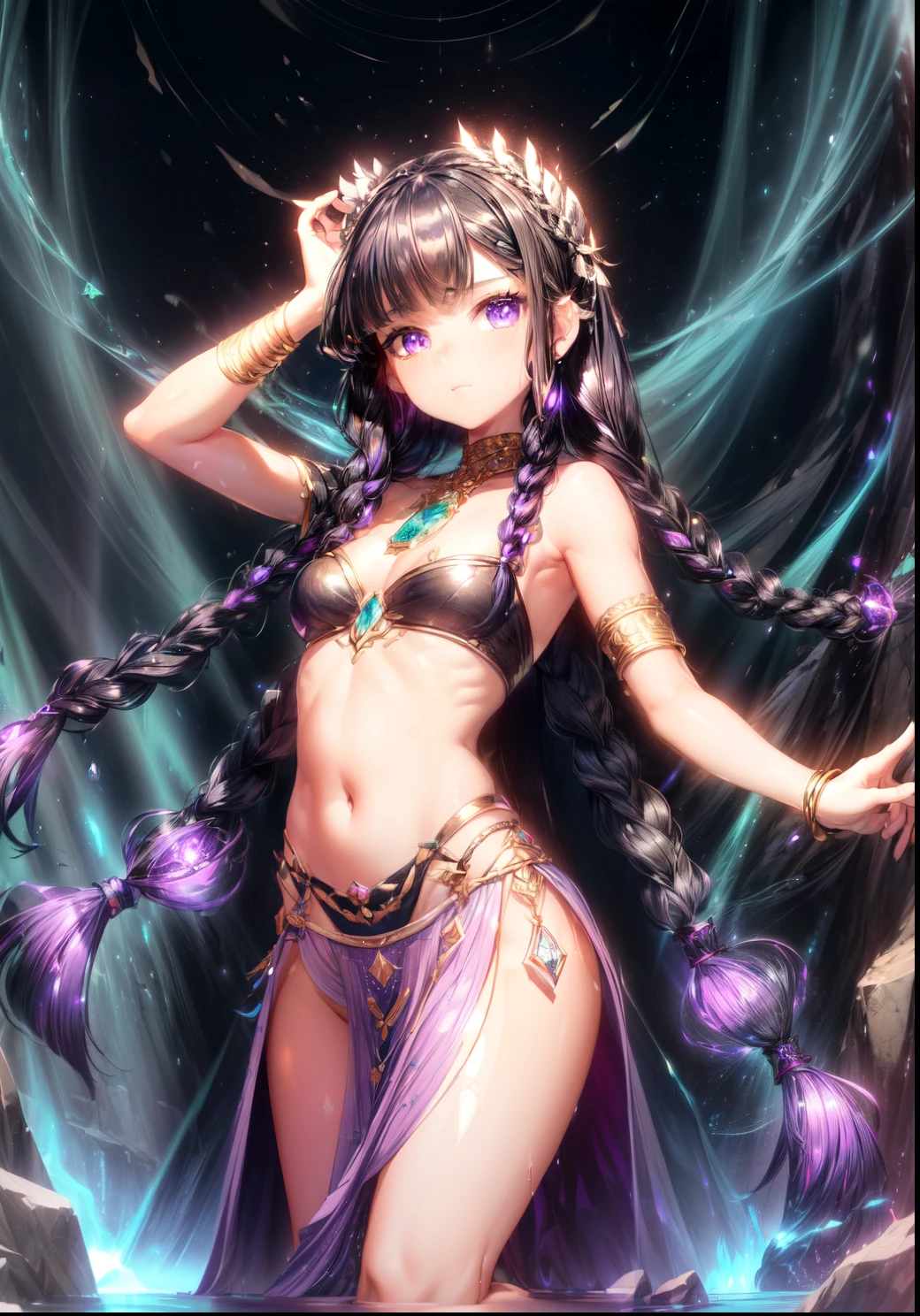 little , 1girl,(round face),(big chest),(big forhead:1.2),(beautiful big eyes:1.3),extremely detailed y anime face,

(((flat chest))),((((long twin braids,tight braids,long braid,braided hair,long hime cut,dark hair,black hair,colored inner hair)))),(((purple_eyes:1.3))),intricate eyes,beautiful detailed eyes,symmetrical eyes,(big eyes:1.5),((((luss skin:1.5,tanned skin,bright skin: 1.5,skin tanned,shiny skin,very shiny skin,shiny body,Reflective skin)))),(((detailed face))),beautiful detailed lips,

(cute,kawaii,(nsfw)),🦄,🌈,

long loincloth,(navel),Shaman tribal clothes,thong tribal,(tribal clothes,style old Egypt),navel,barefoot,bare arms,exposed belly button,lace,(tribal clothing),((red clothes,wet clothes,intricate outfit)),

dynamic pose,looking at viewer,embarrassed,centered,scale to fit dimensions,Rule of thirds,

indoor,underground,((A deep, cavernous cave with jagged rock walls,illuminated by the (dim light of bioluminescent mushrooms) and (jewels) embedded in the walls.The atmosphere is humid and cool,with (mosses and lichens) growing in the humid areas.(The crystals and minerals reflect light),creating a ((magical effect)).((The gems radiate an intense brilliance) that illuminates the darkness of the cave,and the crystalline water droplets shine in the dim light.((Puddles of water)) on the ground reflect light from the gems,creating an even more ((magical effect)))),scenery,extremely scenery,

(Glossy Egyptian ornaments),(intricate),(masterpiece),(intricate background),((intricate detail)),(((Subtly lit, subtle colors))),

highres,(best quality),(ultra detailed,extremely detailed),perfect face details,,artistic photography,
