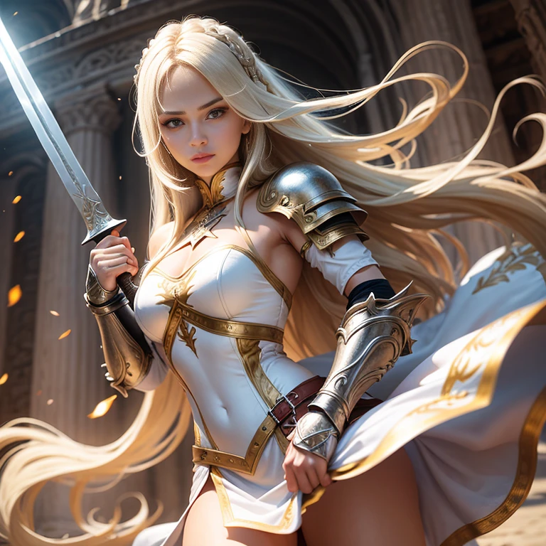 A long blond hair warrior latin lady wearing white mini dress under an elaborated armor top, holding a sword