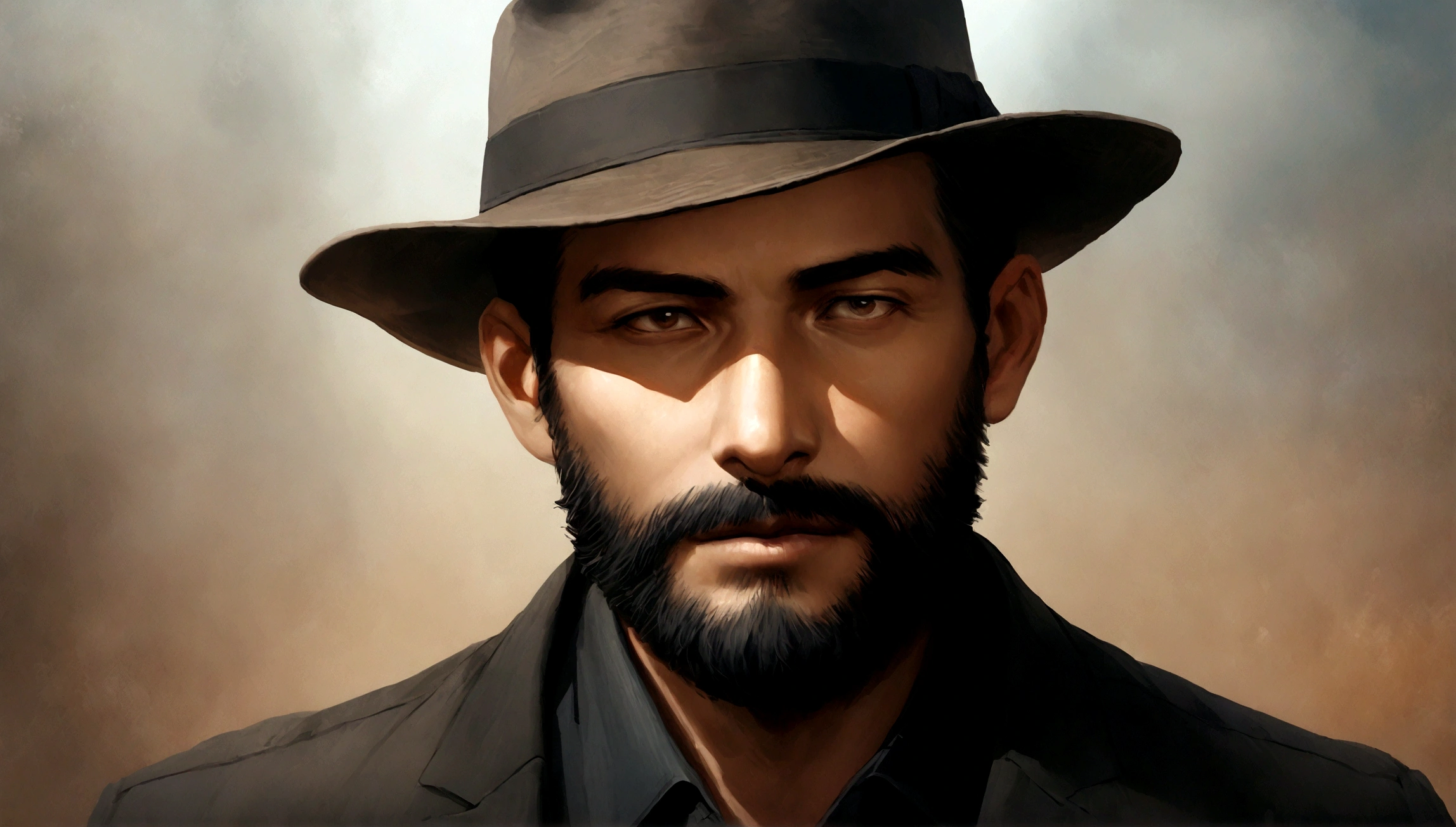 Realistic high image quality、30's man、bearded、wearing a fedora hat and black clothes Facing the camera