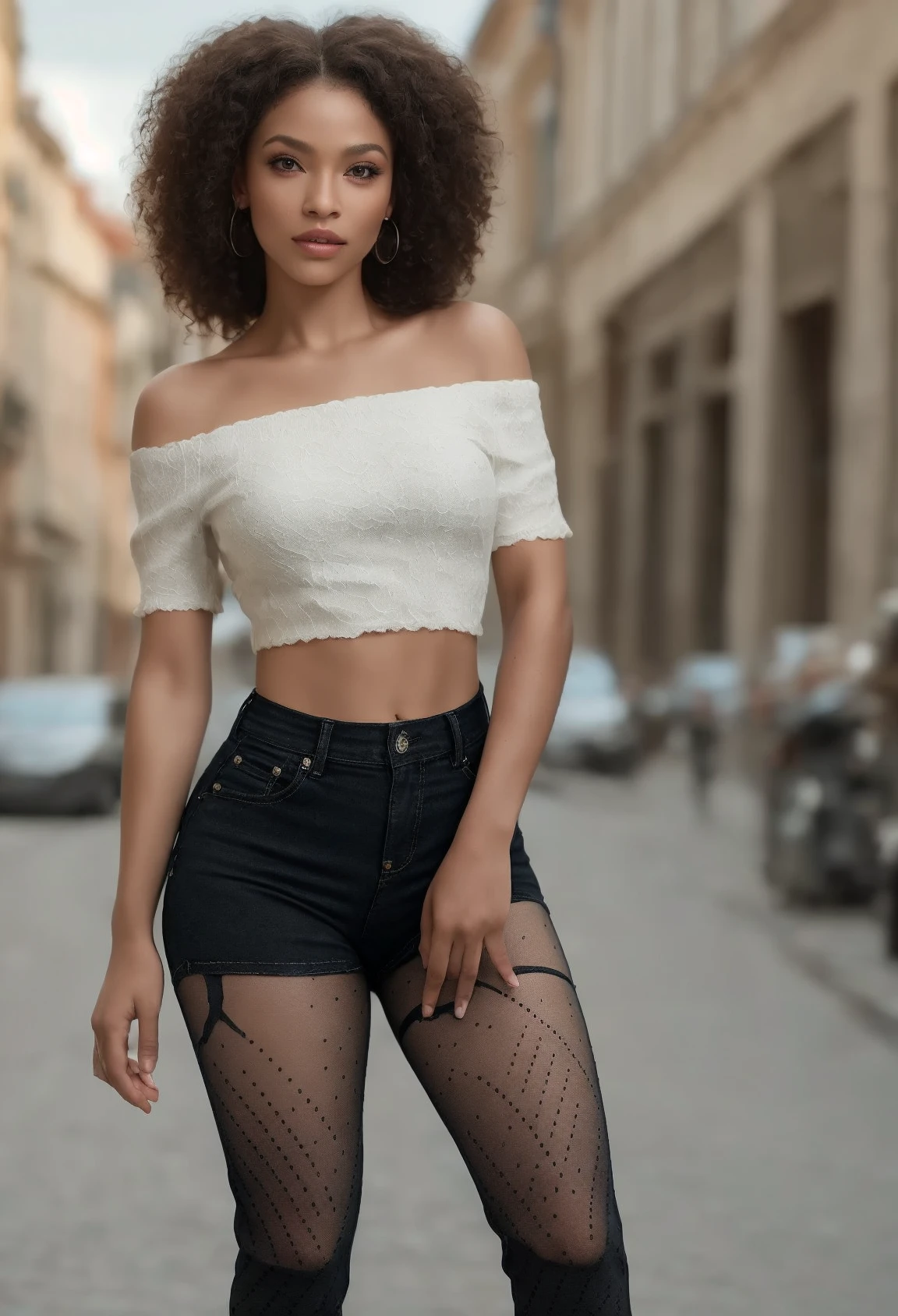 Black woman, Full body like,United States,curlies,honey brown hair,athlete,converse shoes, black cut up jeans, crop top shirt ,perfect figure beautiful woman, huge tit,Highly detailed facial and skin texture,A detailed eye,二重まぶた ( City street:1.1)
