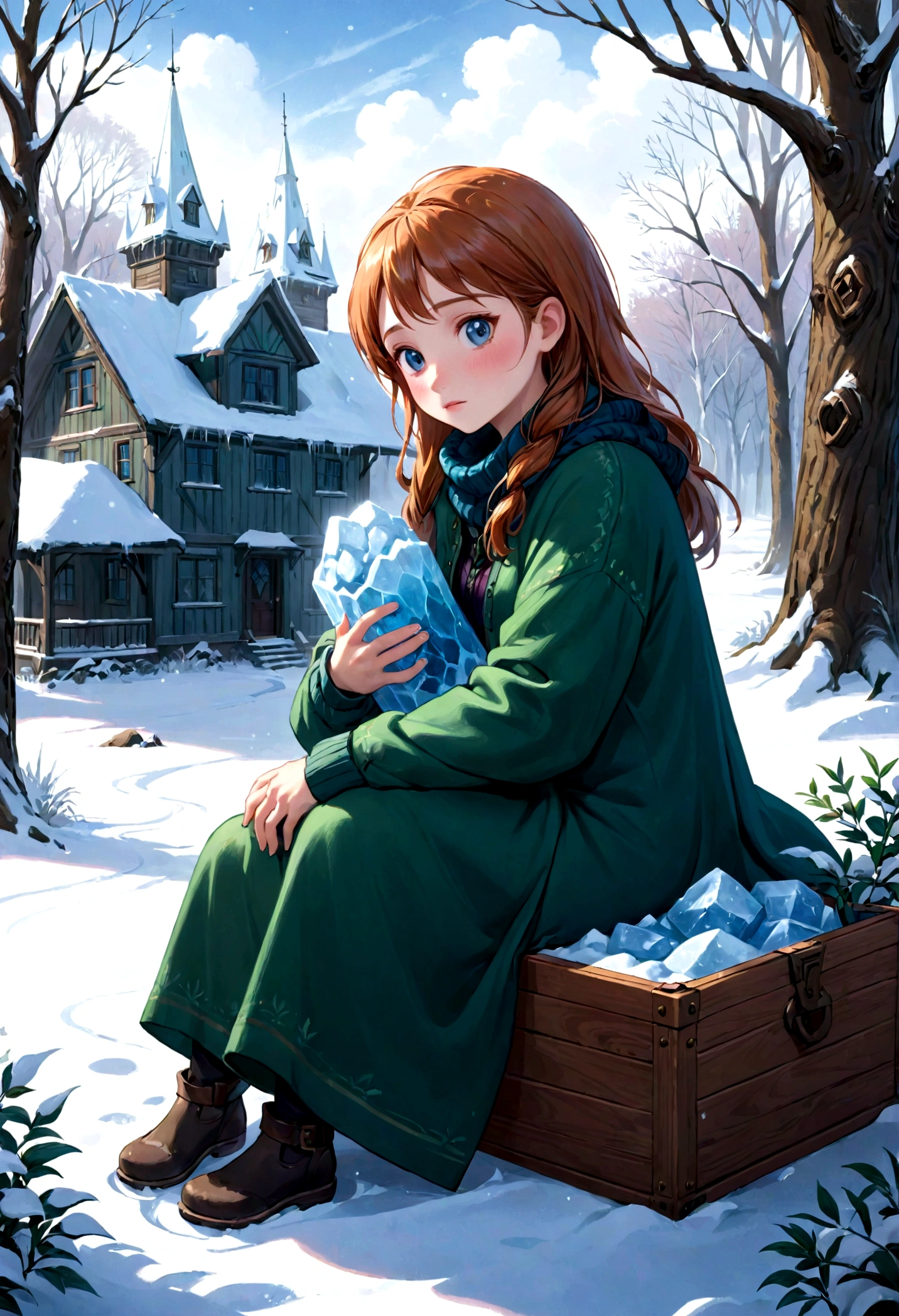 A woman finds a frozen among the trees She carries her on her lap to her house