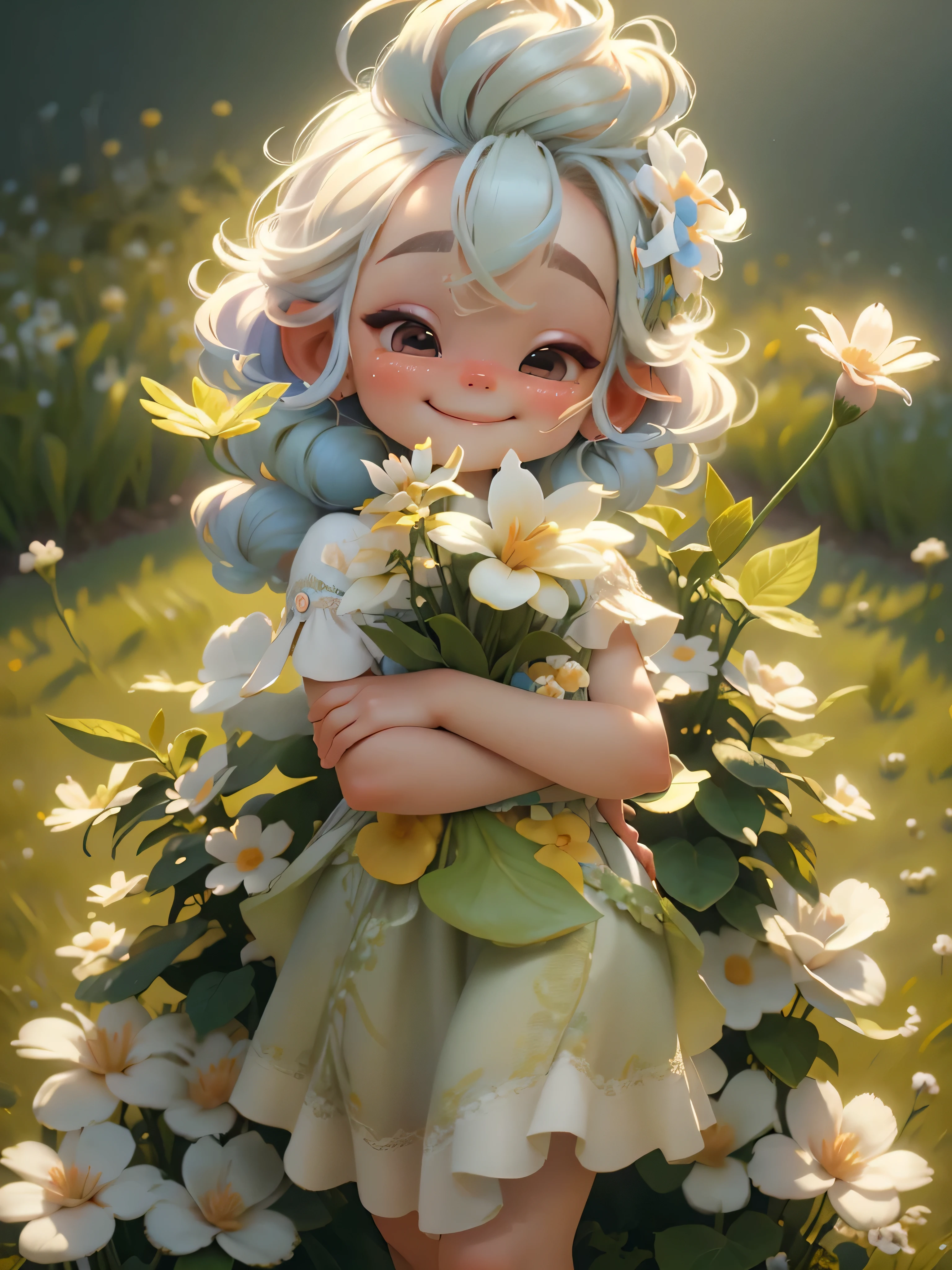 Cute flower fairy baby,The smile is bright,Let's be happy,bun hairstyle, Light-colored hair,Beautiful garden,In the daytime,Bright rainbow-colored landscape,plethora of colors,Rich in elements,Delicate facial features, Clear facial features, Optimized details,Ultra-high sharpness,k hd,8K