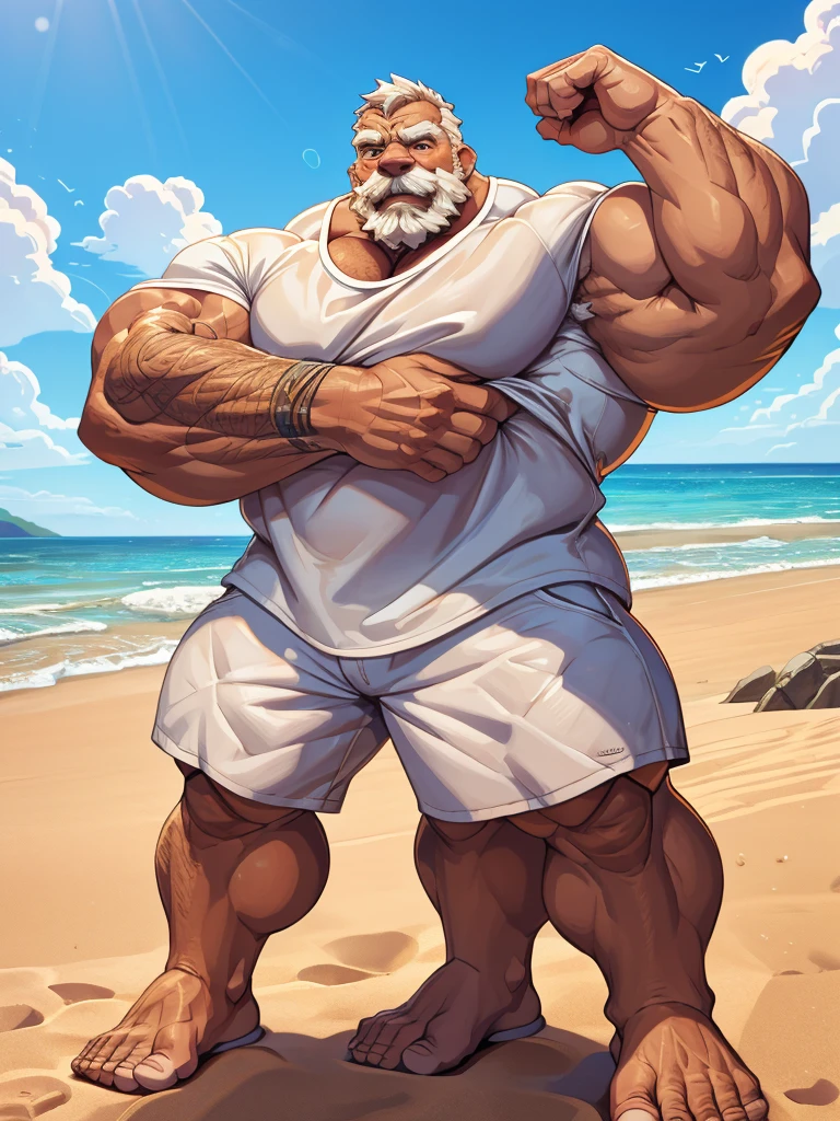 2boys, beach, size different, extremely huge muscular, massive muscular, full-body, well-muscled old man in a white shirt in beach. ((extremely muscle size, super thick arms, huge back, extremely wide back and shoulder , huge arms)).  and add details to make it attractive and interesting. Add textures and details to make the image more realistic, such as the appearance of the shirt texture and the appearance of the skin. Make sure the resulting image is high resolution, 8K quality."