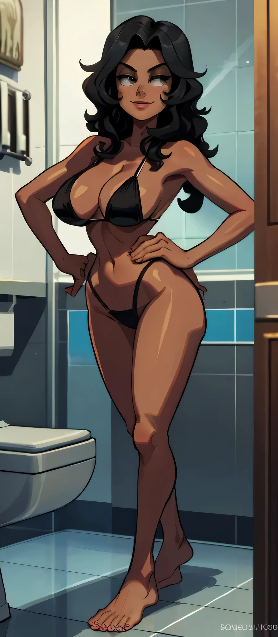 Masterpiece, best quality, Masterpiece, best quality, 1 woman, black skin , wavy black hair , green eyes , smile , sly face , black bikini , big breasts , abdomen , Long legs , Put your hands on your hips.... , Barefoot , full body , bathroom