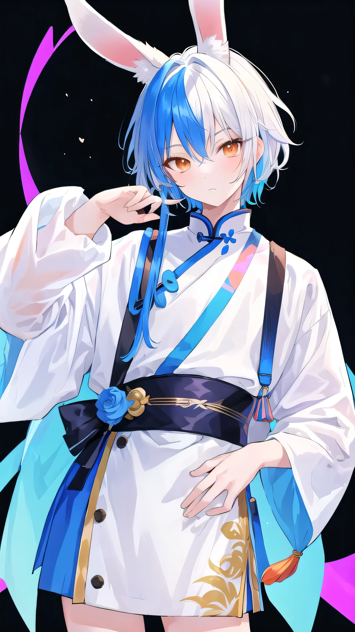masterpiece, best quality, 1boy, male focus, animal ears, solo, blue hair, multicolored hair, rabbit ears, two-tone hair, mole, white hair, chinese clothes, upper body, simple background, brown eyes, orange eyes, mole under mouth, hand on own chin, looking at viewer