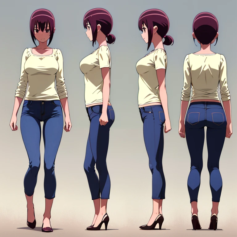 (Multiple views of the same person) ，(Three-dimensional view of the whole body:1.4)、 (Front view:1.4)、(Side view:1.4)、(Rear view:1.4), Highly detailed characters，anime、White T-shirt、Skinny jeans、High heels、