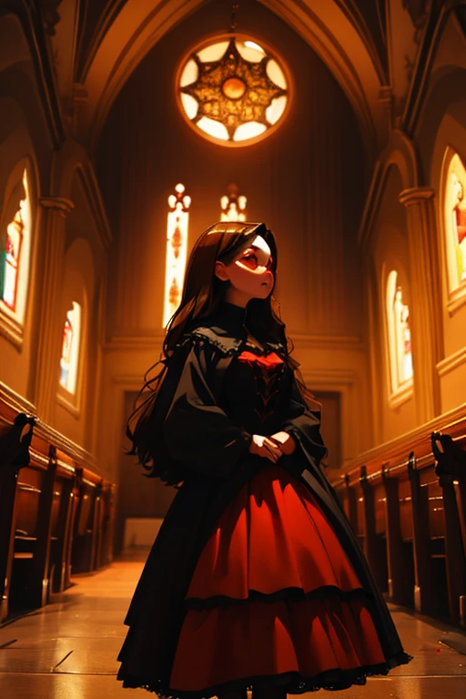 A brown haired woman with red eyes and an hourglass figure in a gothic ta dress is exploring an old church at night