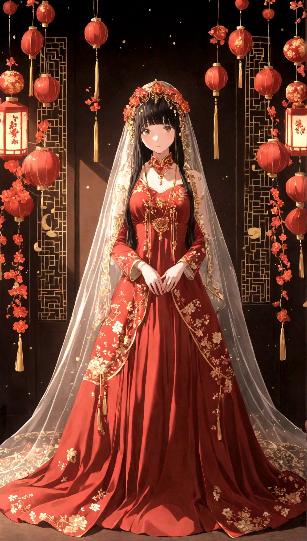 very long hair,（（（Eyes are very delicate）））（（（hair accessories）））（（（veil）））,necklace,Misako wears a red transparent sexy silk dress, ((skin glowing))The room is filled with Chinese New Year decorations（（（masterpiece）））, （（best quality））, （（intricate details））, （（Surreal））（8k）, loli