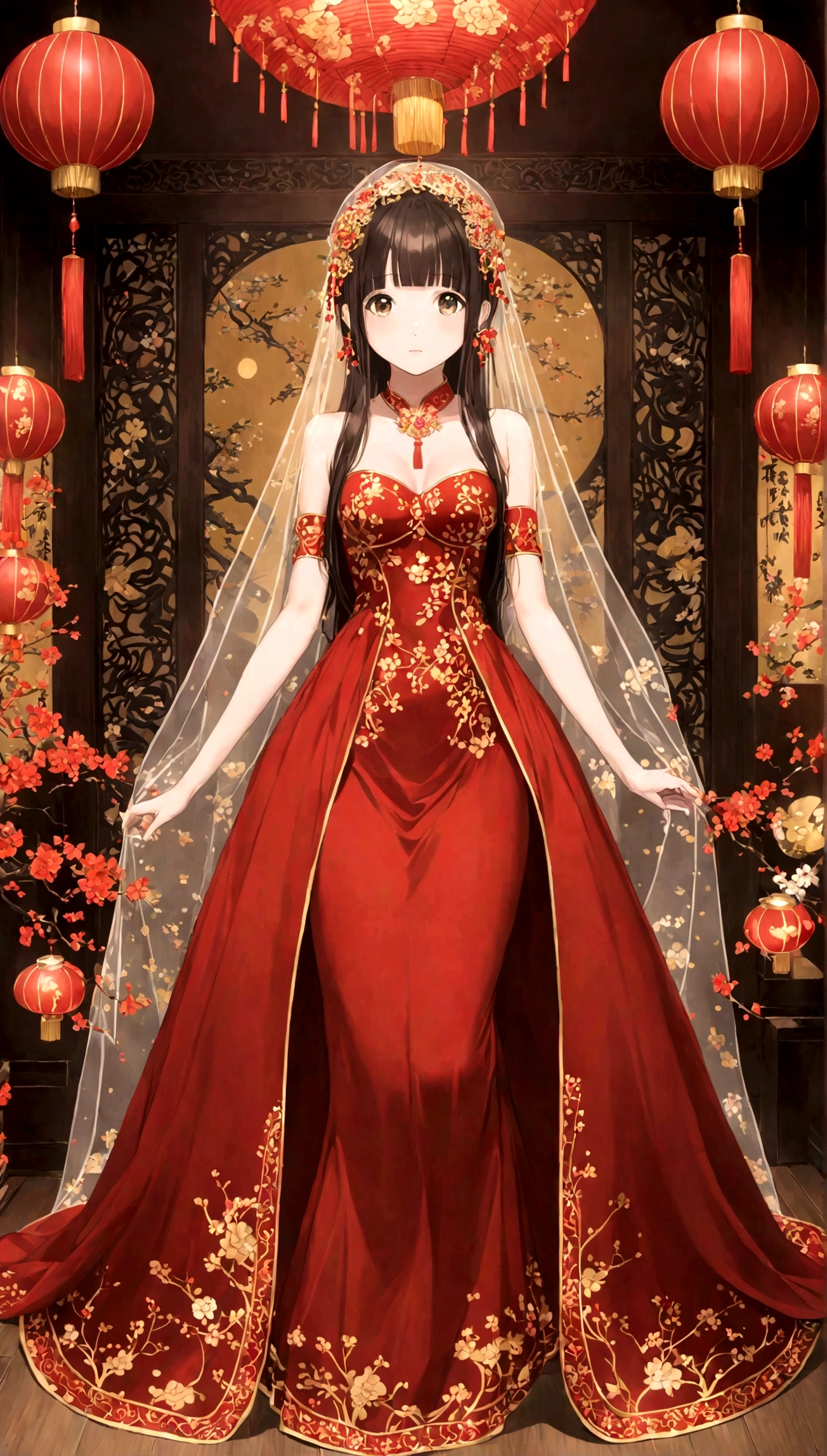 very long hair,（（（Eyes are very delicate）））（（（hair accessories）））（（（veil）））,necklace,Misako wears a red transparent sexy silk dress, ((skin glowing))The room is filled with Chinese New Year decorations（（（masterpiece）））, （（best quality））, （（intricate details））, （（Surreal））（8k）, loli