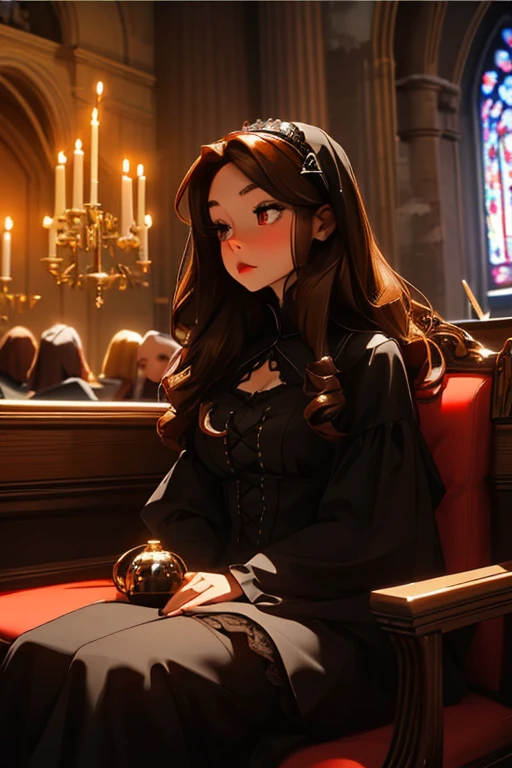 A brown haired woman with red eyes and an hourglass figure in a gothic lolita dress is laying on a pew in a church at night