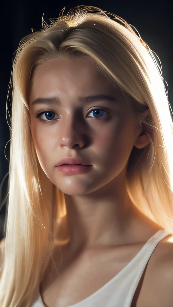 A beautiful young british girl, 15 years old, long blonde hair, white radiant skin, feeling anxious, insecure with herself, white sleeveless shirt, feeling anxiety, sad, terrified, gloomy expression, dramatic lighting, Ultra high res, uhd, (photorealistic:1.4), cinematic light, chest view