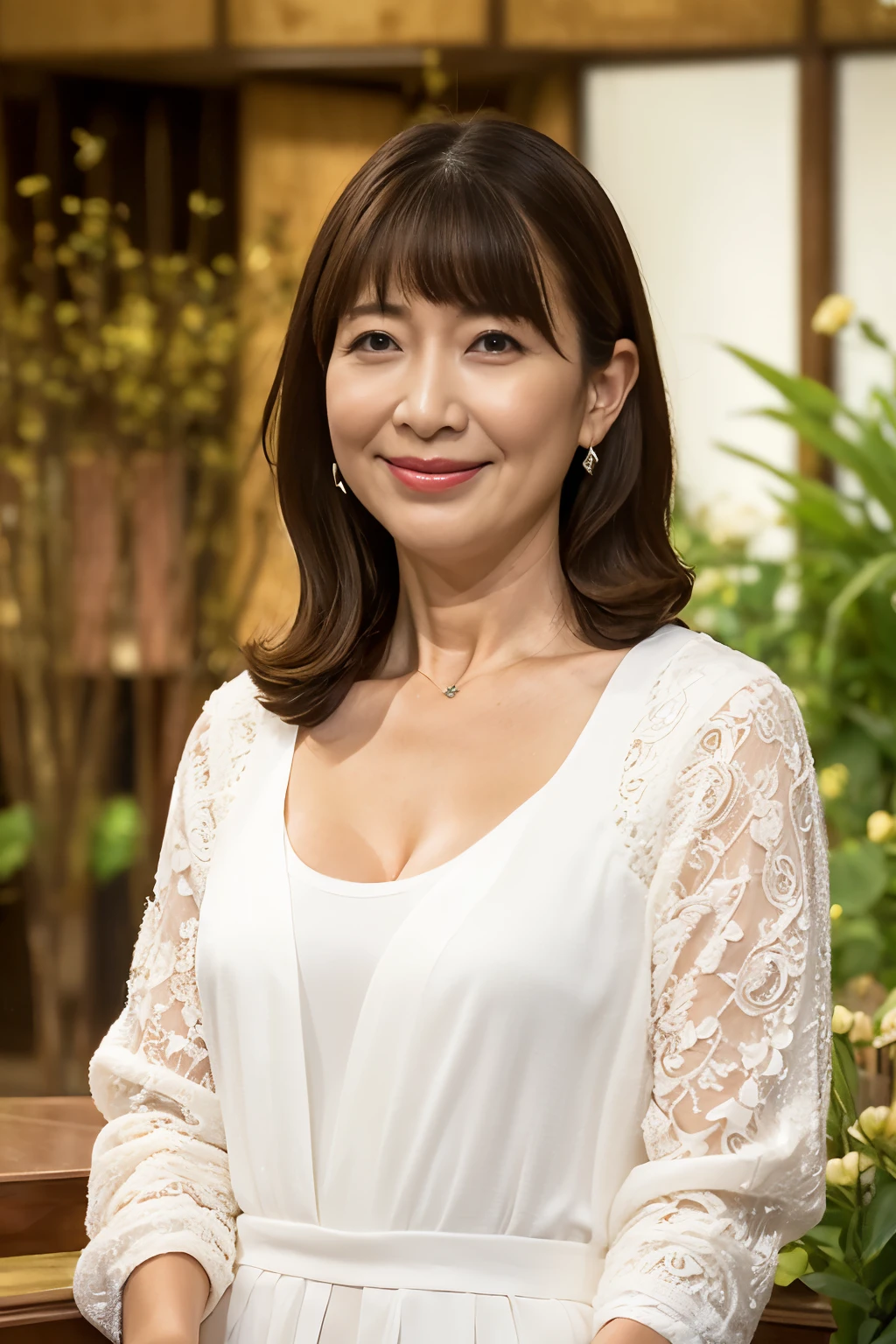 highest quality, masterpiece, High resolution, Realistic, RAW Photos, 8k wallpaper, perfection, ((One beautiful woman)), 60 years old, Sexy Woman, Plump Mature Woman, Cleavage, Wrinkles around the eyes, ((Looking into the camera)), Detailed face, Beautiful Eyes, ((look forward to)), (Stand upright), garden, whole body, (Beautiful thighs), High heels, bangs, Shapely breasts, Straight hair, Medium long wavy hair, Plump and glossy lips,