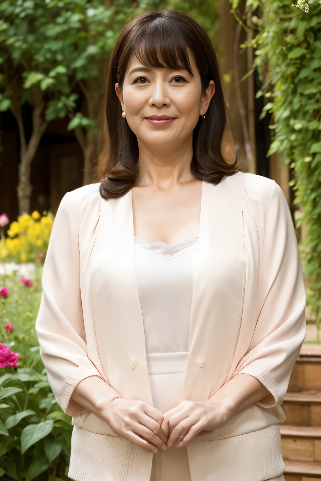 highest quality, masterpiece, High resolution, Realistic, RAW Photos, 8k wallpaper, perfection, ((One beautiful woman)), 60 years old, Sexy Woman, Plump Mature Woman, Cleavage, Wrinkles around the eyes, ((Looking into the camera)), Detailed face, Beautiful Eyes, ((look forward to)), (Stand upright), garden, whole body, (Beautiful thighs), High heels, bangs, Shapely breasts, Straight hair, Medium long wavy hair, Plump and glossy lips,