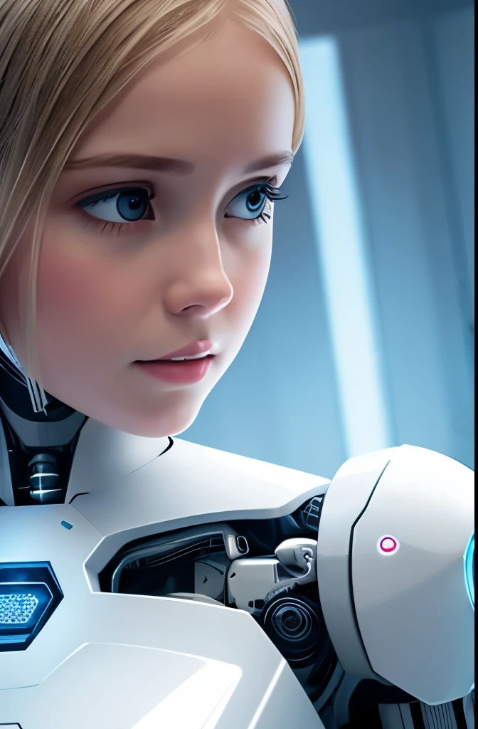 Realistic picture of a girl in a white dress, which communicates with artificial intelligence in the form of a robot