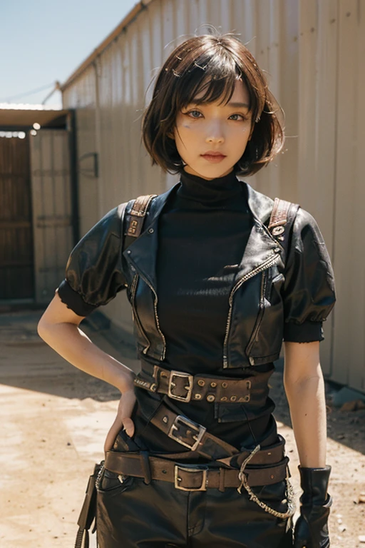 girl, Bobcut, Leather Fashion, Purple and black bondage, 
Mad Max風の衣装コスプレ 10代のgirl, cute, Bobcut, 
Leather Fashion, Purple and black bondage, desert, Brown Hair, slender, 
Dry Moorland, sunshine, Outdoor, オーストラリアのdesert, desert, 
Dirty and worn-out modified car, Mad Max,
