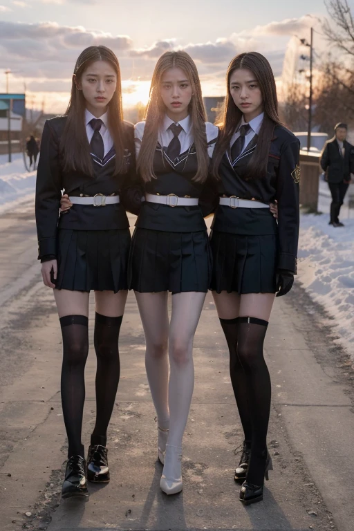 At sunset,(8k), (best quality), (The finest details), (Surreal), caesar, Russian girl, romantic student, Two female students in school uniforms, Female couple, Tall and skinny, Beautiful long legs, Alumni, classmate, Winter War
