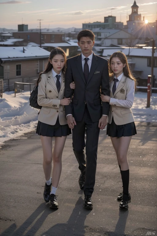 At sunset,(8k), (best quality), (The finest details), (Surreal), caesar, Russian girl, romantic student, Two female students in school uniforms, Female couple, Tall and skinny, Beautiful long legs, Alumni, classmate, Winter War