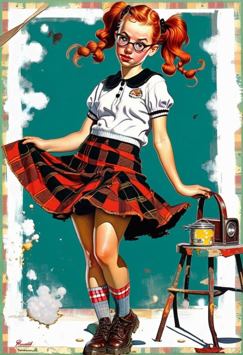hooligan Abigail is a cheesy age girl, sloppy, all body, redhead in a plaid skirt, black eye, battered pigtails, ((in the style of Norman Rockwell!)), ((perfect study of the whole body)), magical naive art, primitivism, protogen, crimson color, ((the highest quality, a masterpiece)),((The highest elaboration by pin-up)), ((The highest detail)), RAW: 1,1, 8k