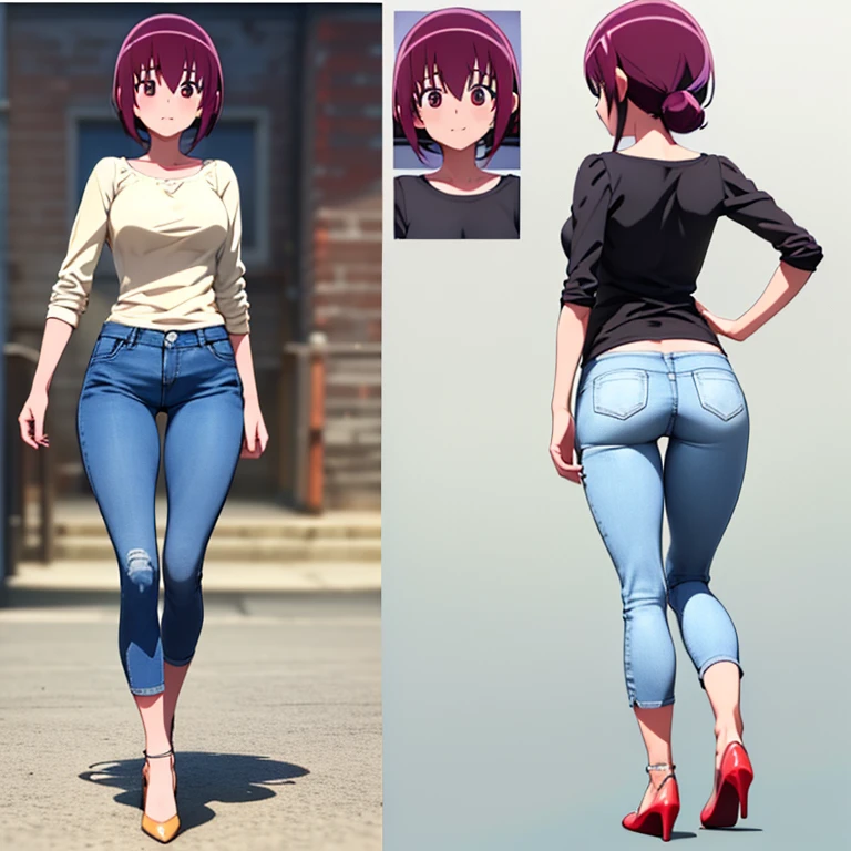 (Front view of the same person、side、Rear three-view) ，(Three-dimensional view of the whole body:1.4)、 (Front view:1.4)、(side図:1.4)、(Rear view:1.4), Highly detailed characters，anime、White T-shirt、Skinny jeans、High heels、